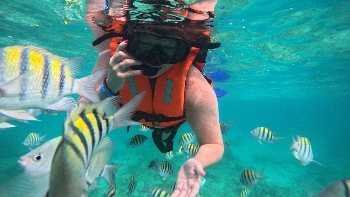 Snorkelers over the El Farito reef off Isla Mujeres on the three-spot MUSA snorkeling tour, Mexico